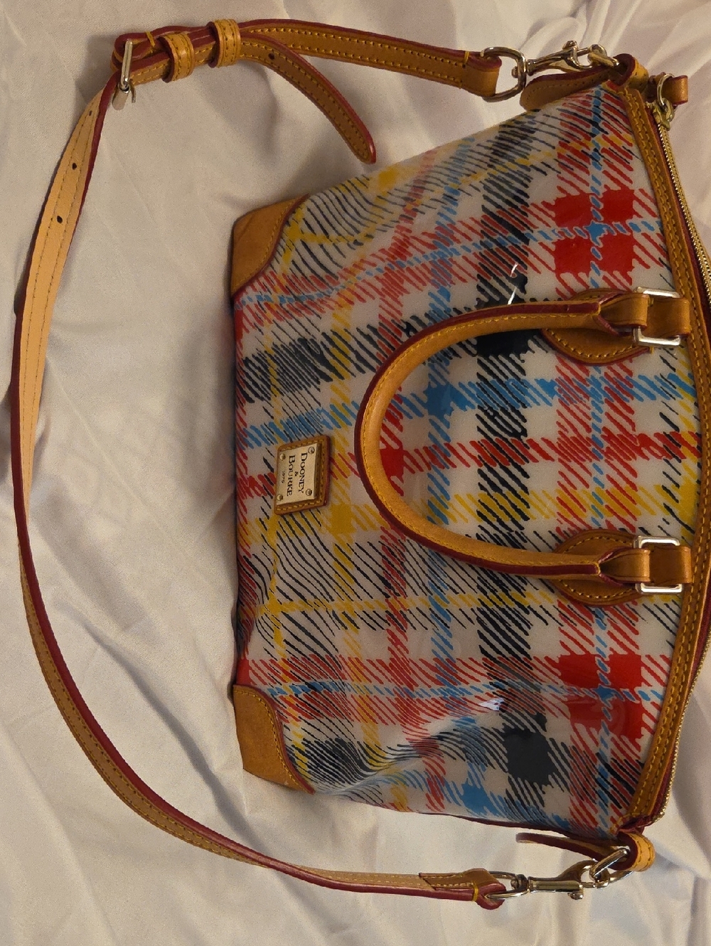 Dooney & Bourke Multicolor Plaid Satchel with Leather Trim and Red/Blue Accents